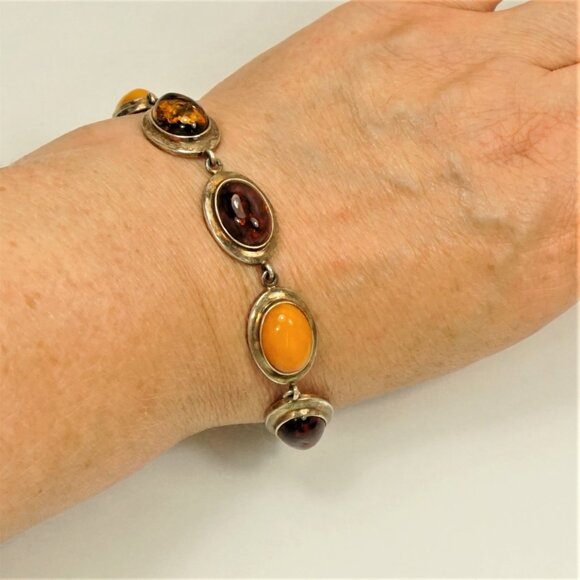 Multi Amber And 925 Silver Link Bracelet 7" - Unisex Amber Jewelry Gift - Picture 9 of 13